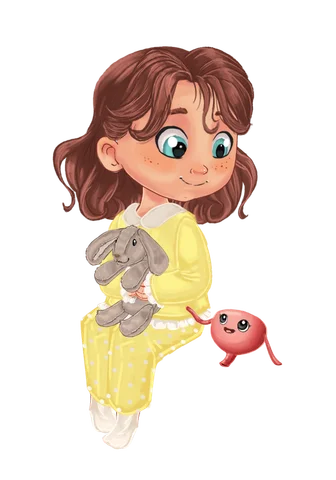 Menina de pijama com um coelho de peluche e a personagem Beli